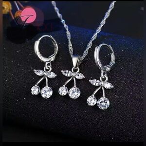 925 Sterling Silver Diamond Twin Cherries Necklace & Huggie Hoop Earrings Set